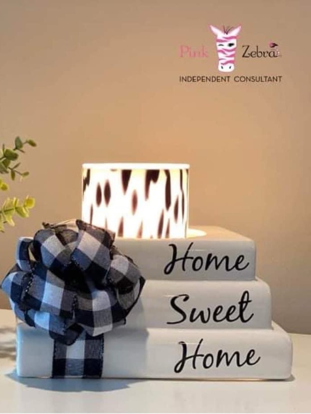 Pink Zebra White and Black 'Home Sweet Home' Decorative Book Stack w/ Plaid Bow